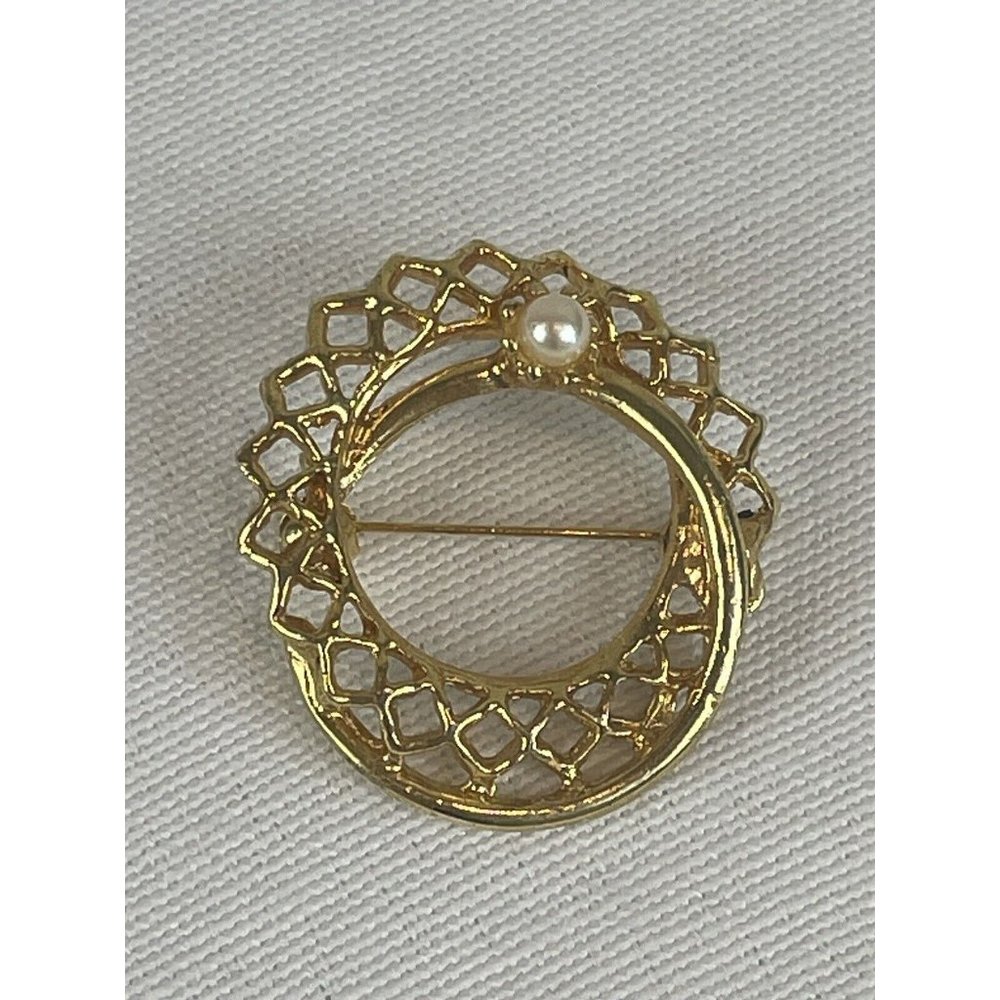 Round Double Ring Brooch Faux Pearl Gold Tone 1.25" Costume Vintage Scarf Pin
